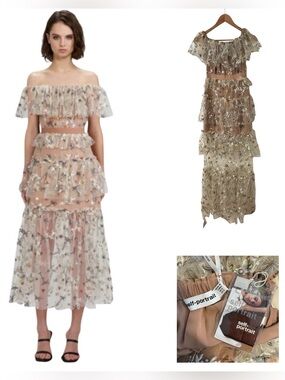 Self Portrait Star Embellished Off-Shoulder Tiered Midi Dress